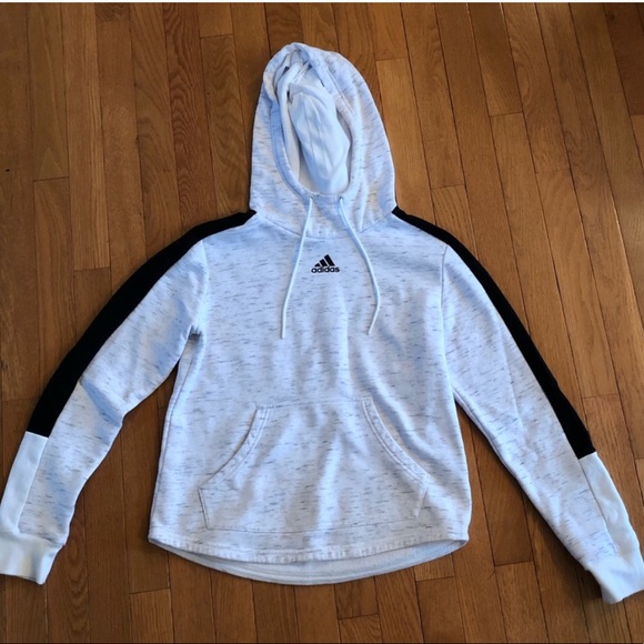 grey adidas hoodie with blue stripes